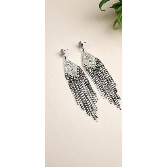 Silver Boho Tassel Fringe Rhinestone Earrings Long Dangles - Picture 7 of 8